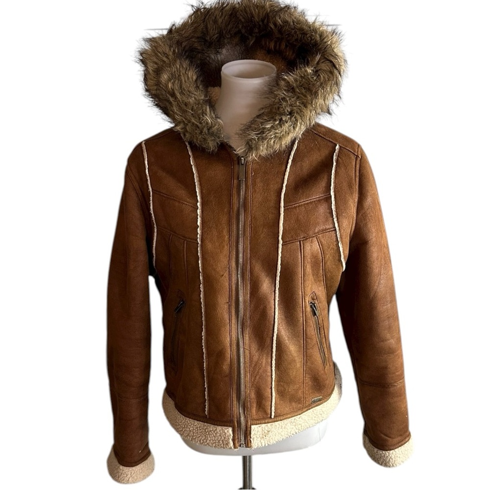 L.e.i. Faux Leather Sherpa Brown and Tan Y2K Penny Lane Jacket Size Large
